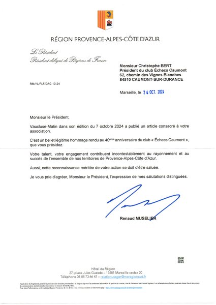 Lettre de Renaud Muselier datée du 24 octobre 2024