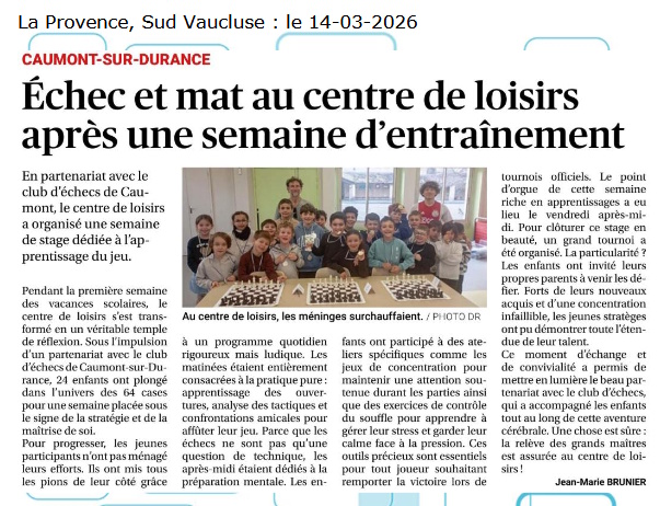 Article paru dans La Provence le 14 mars 2026